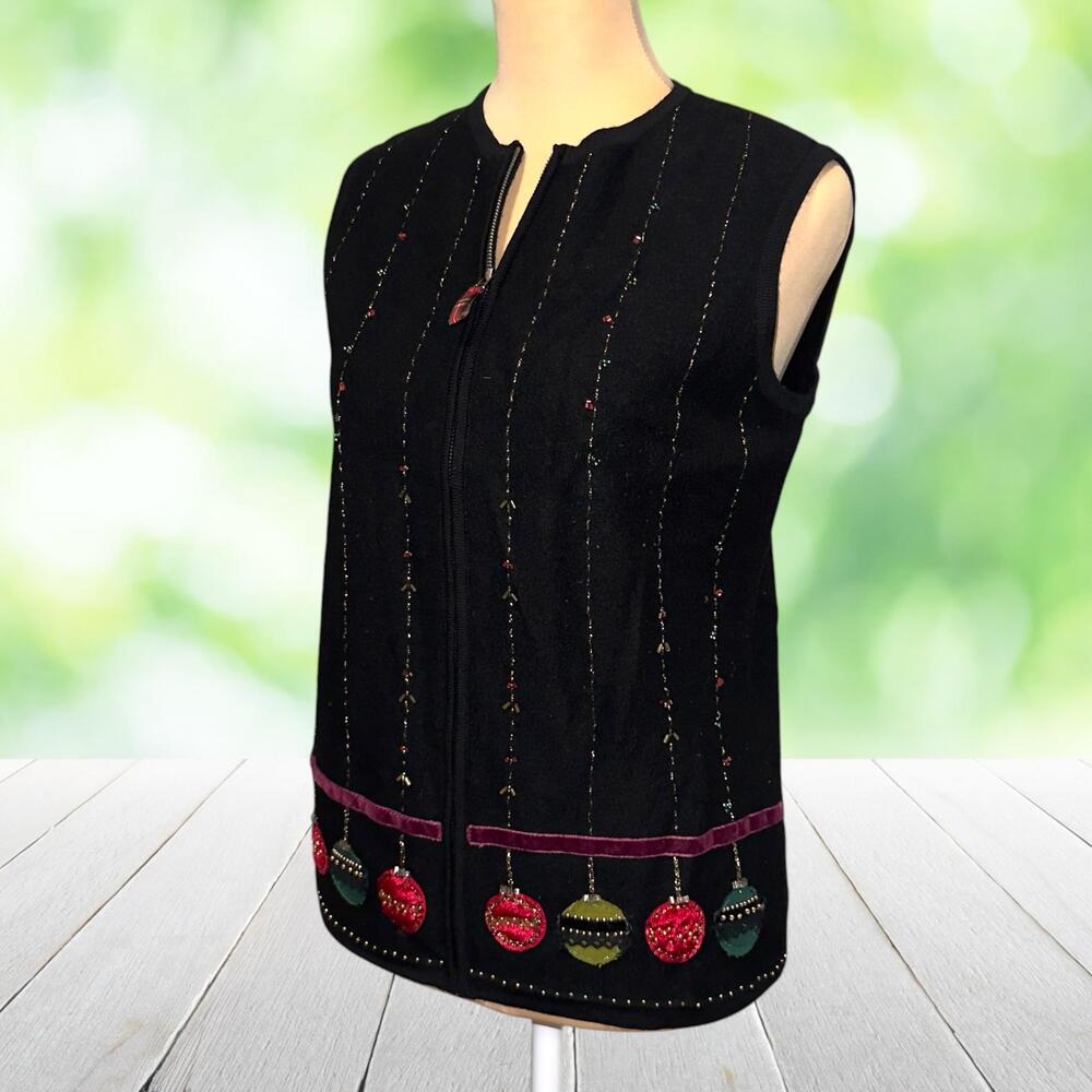 Vintage Christmas Sweater Vest Wool Beaded Embroidered Ornaments Zip Petite SP